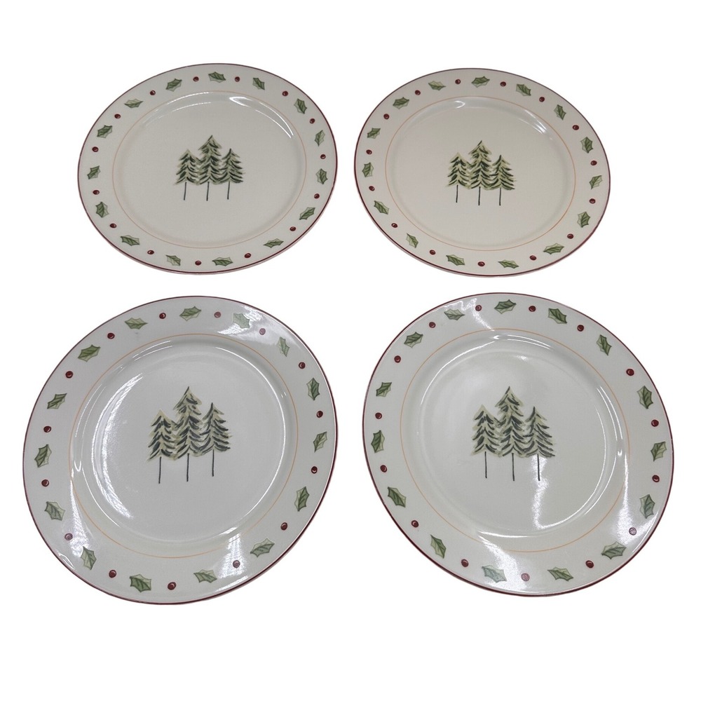 Merry Brite Christmas Dinner Plates Set 4 Pine Tree Holly Berry Holiday Decor